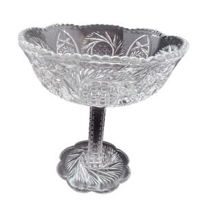 MCKEE Pressed Glass Sunburst Cut Round Pedestal Compote Pinwheel Star Cane